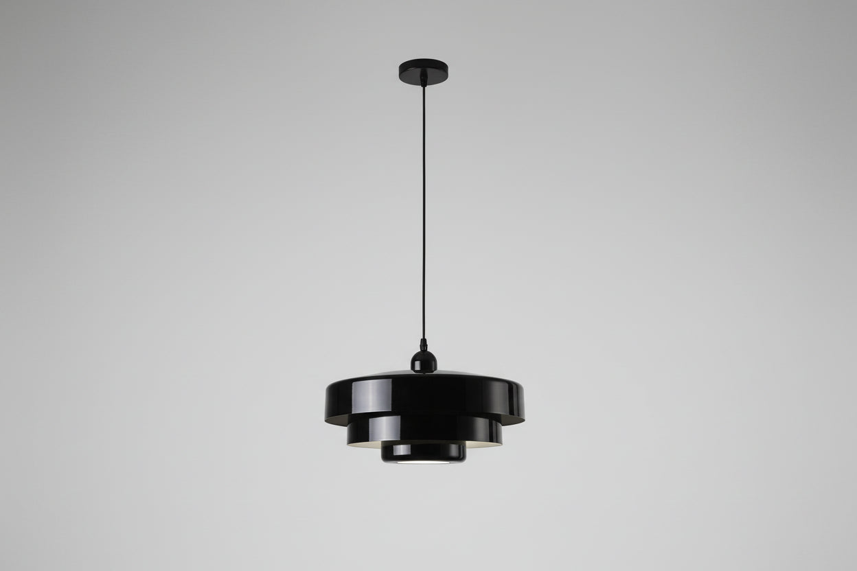 Mid-century black pendant light with 3-layer metal shade